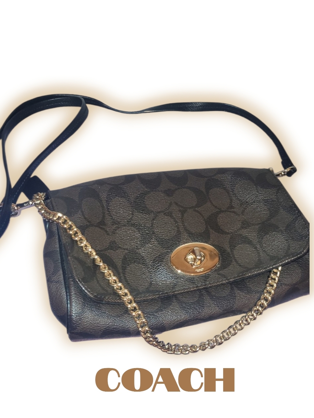 Coach RUBY Brown Signature Turn-Lock Crossbody Bag with Gold Chain